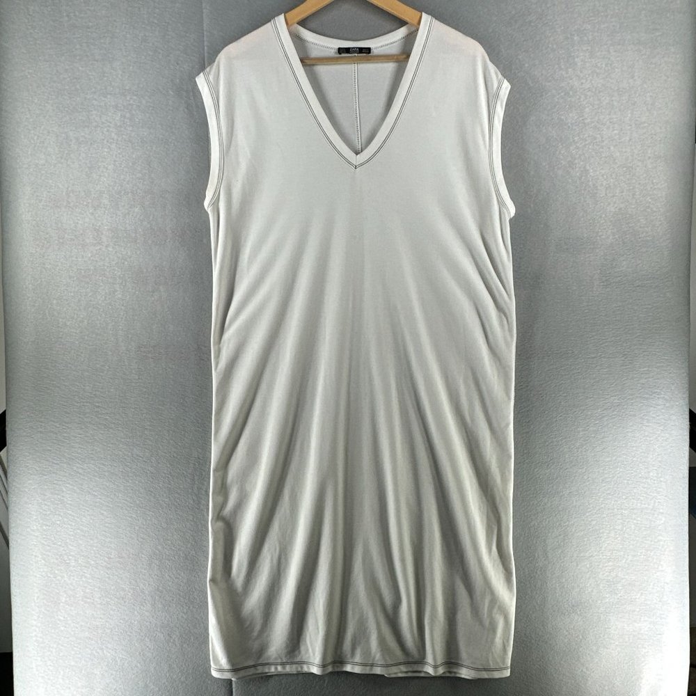 Zara Womens Dress Small White Tee Shirt Oversized Contrast Trim V neck Casual